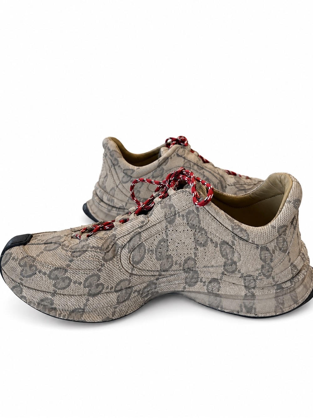 Gucci Beige Monogram Sneakers with Red Accent Laces
